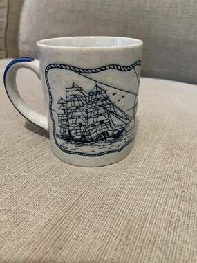 Vintage Nautical Tall Ship and Lighthouse Speckled Stoneware Mug